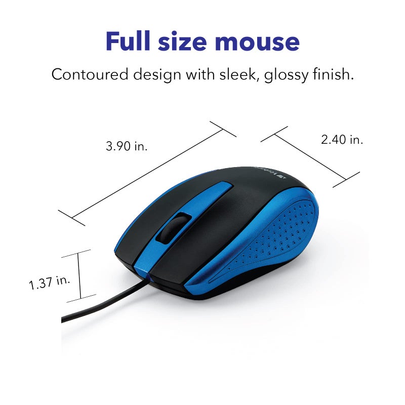 Verbatim Wired USB Computer Mouse - Corded USB Mouse for Laptops and PCs - Right or Left Hand Use, Blue 99743, 1.4" x 2.4" x 3.9" - Image 4